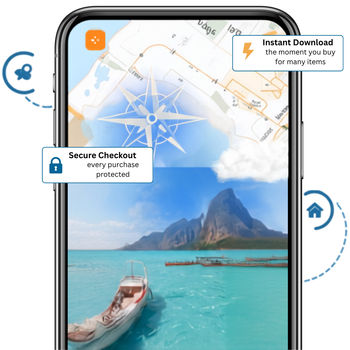 The marketplace app showing a travel itinerary listing — instant download the moment you buy, with secure checkout on every purchase